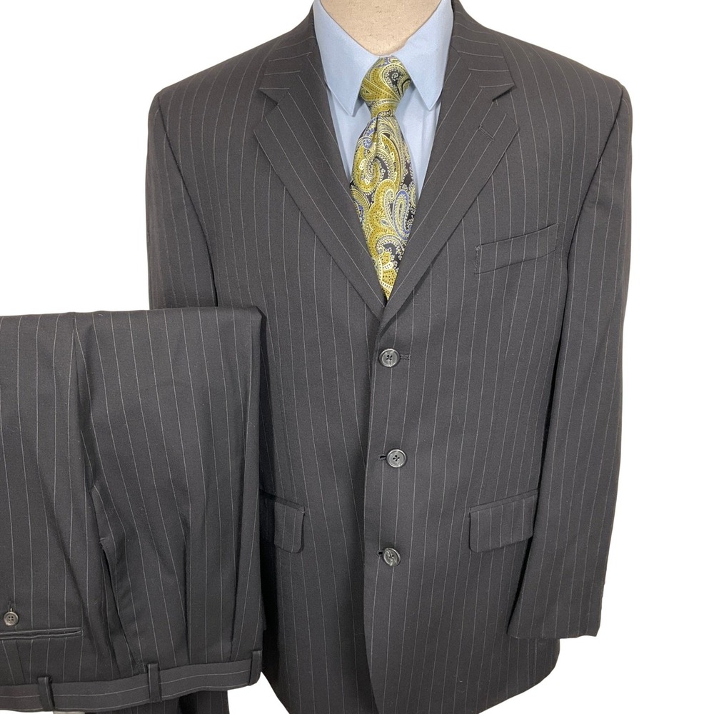 Chaps Suit Mens 42R Charcoal Pinstripe 3 Button Neutral Career Classic Wool